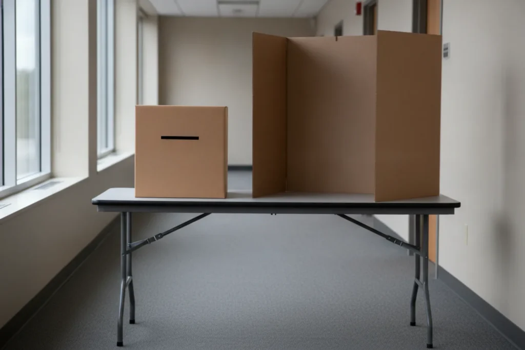 Urne de vote et isoloir installes dans un couloir d entreprise
