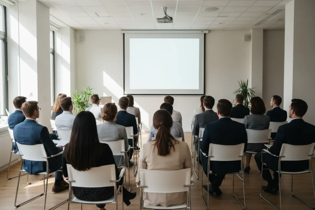 Salle de formation vue de l arriere pendant un quiz projete