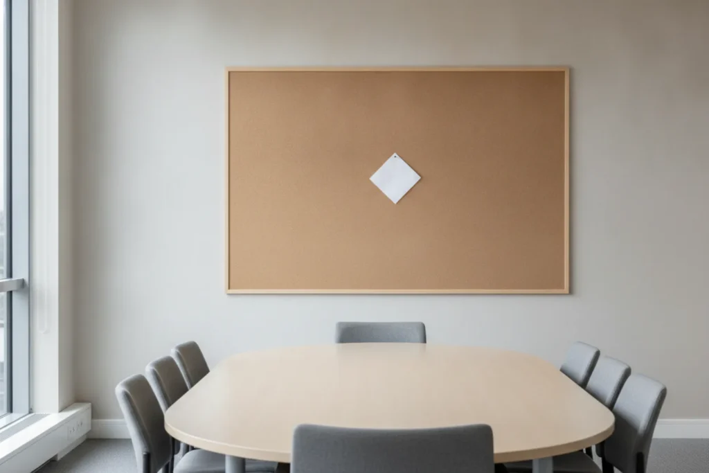 Salle de reunion vide, un avis affiche sur un panneau mural