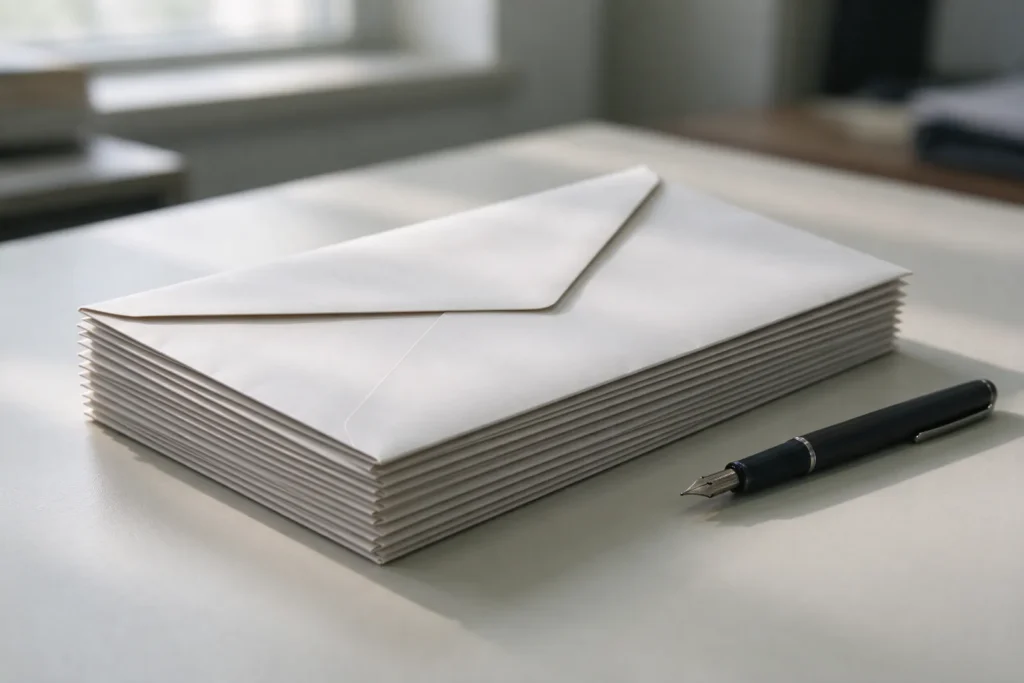Enveloppes de convocation empilées sur un bureau