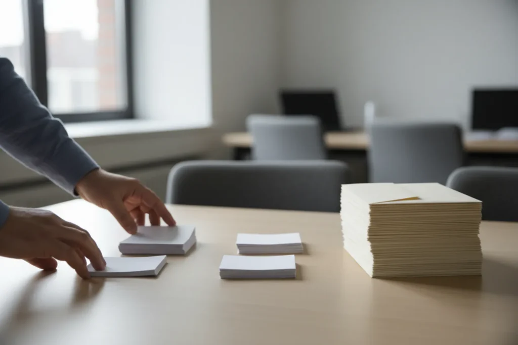 Depouillement : des bulletins tries en piles sur une table