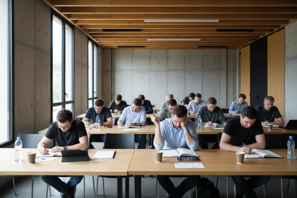Salle de seminaire silencieuse, une main a demi levee