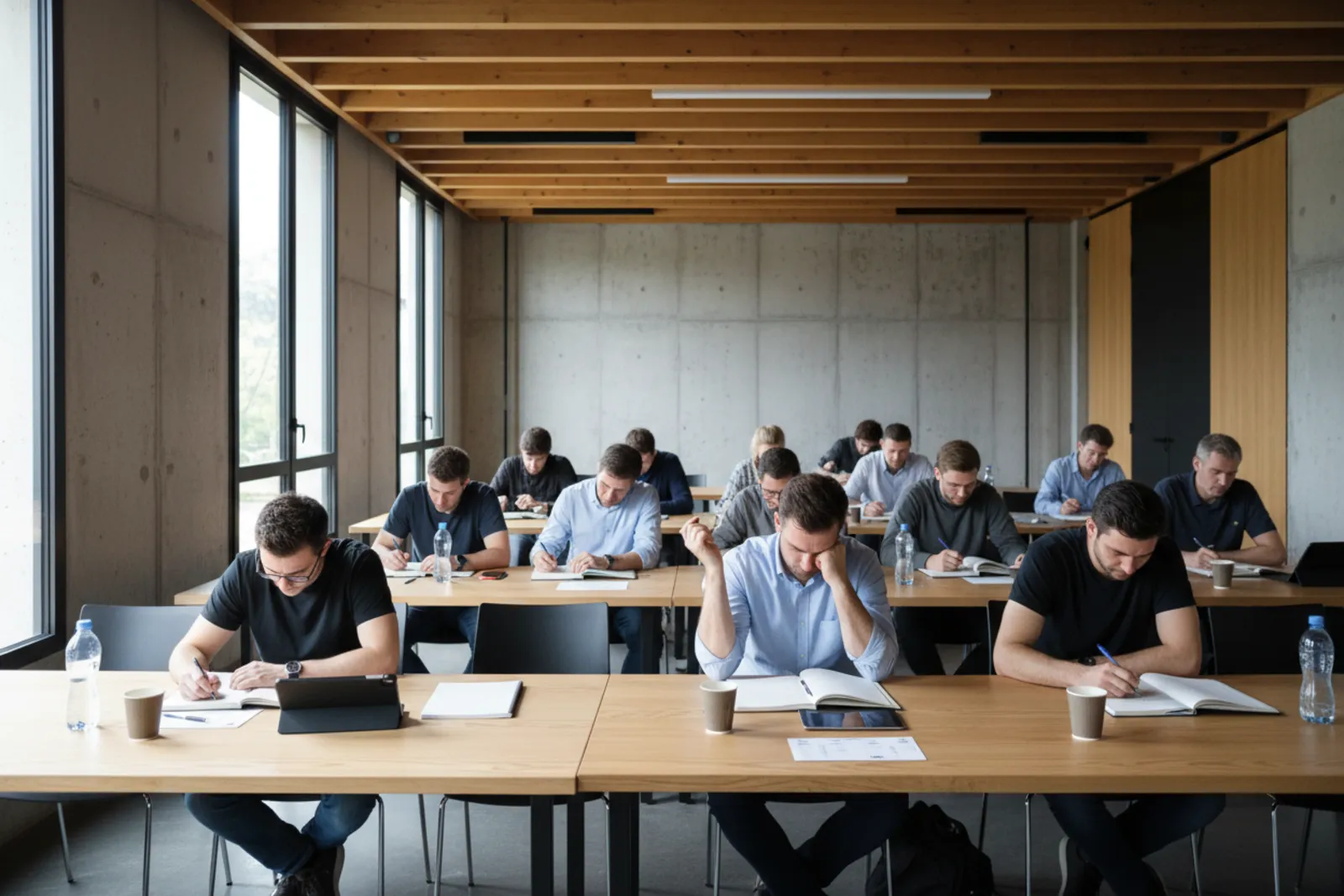 Salle de seminaire silencieuse, une main a demi levee