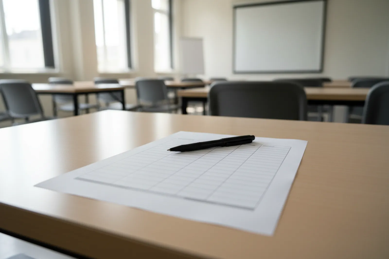 Feuille d emargement et stylo sur une table de salle de formation