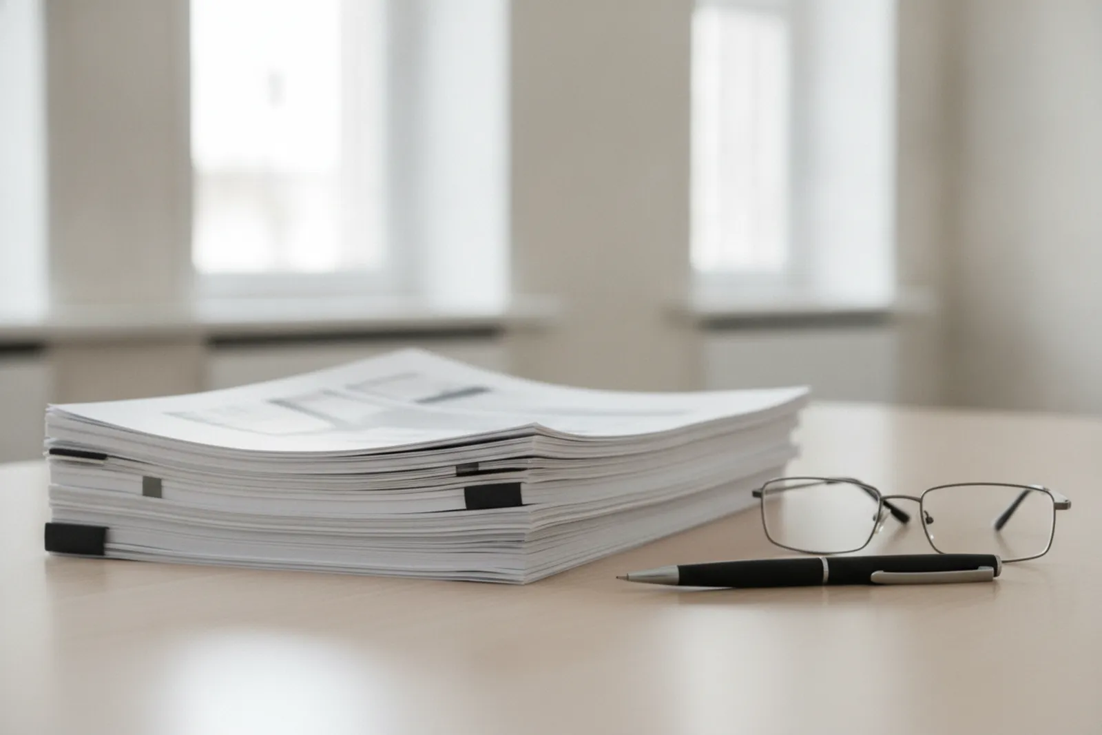 Un proces-verbal imprime sur une table, avec un stylo et des lunettes