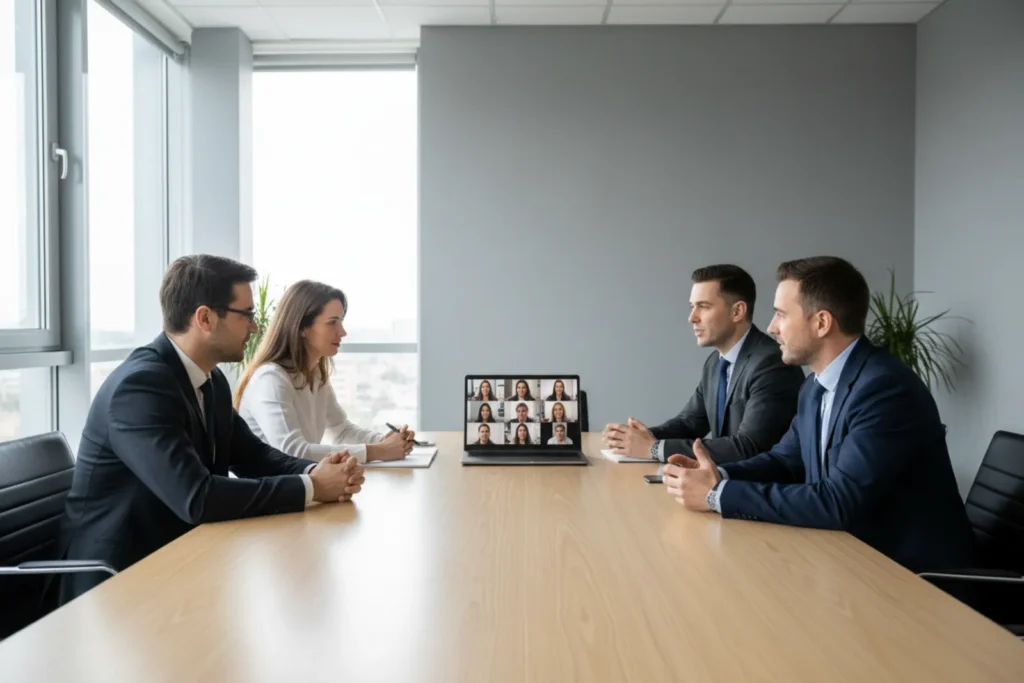 Reunion hybride : un ordinateur en visioconference sur la table d une salle